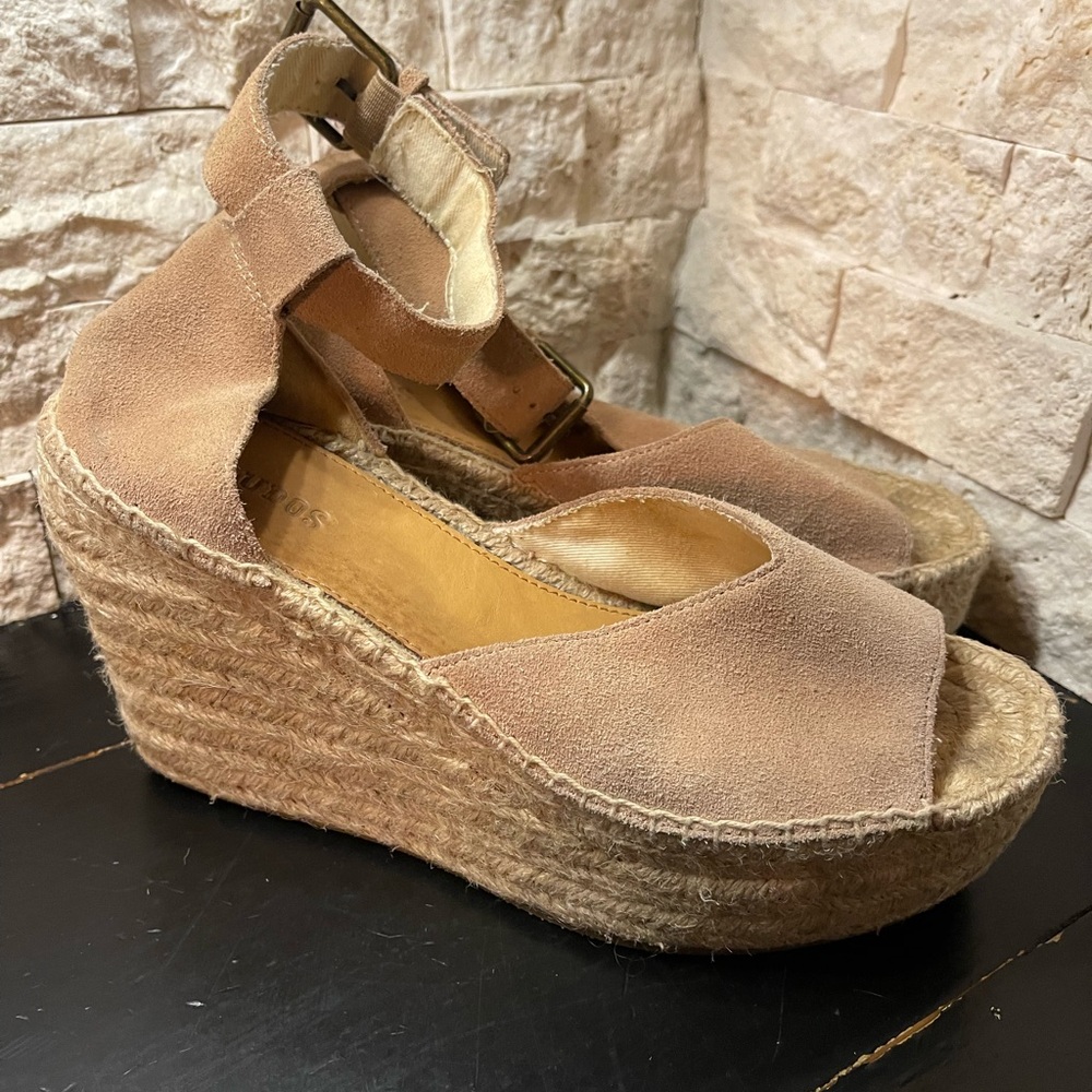SOLUDOS Scale Suede Espadrille Wedge sandals Size 7.5 Tan Beige Ankle Strap